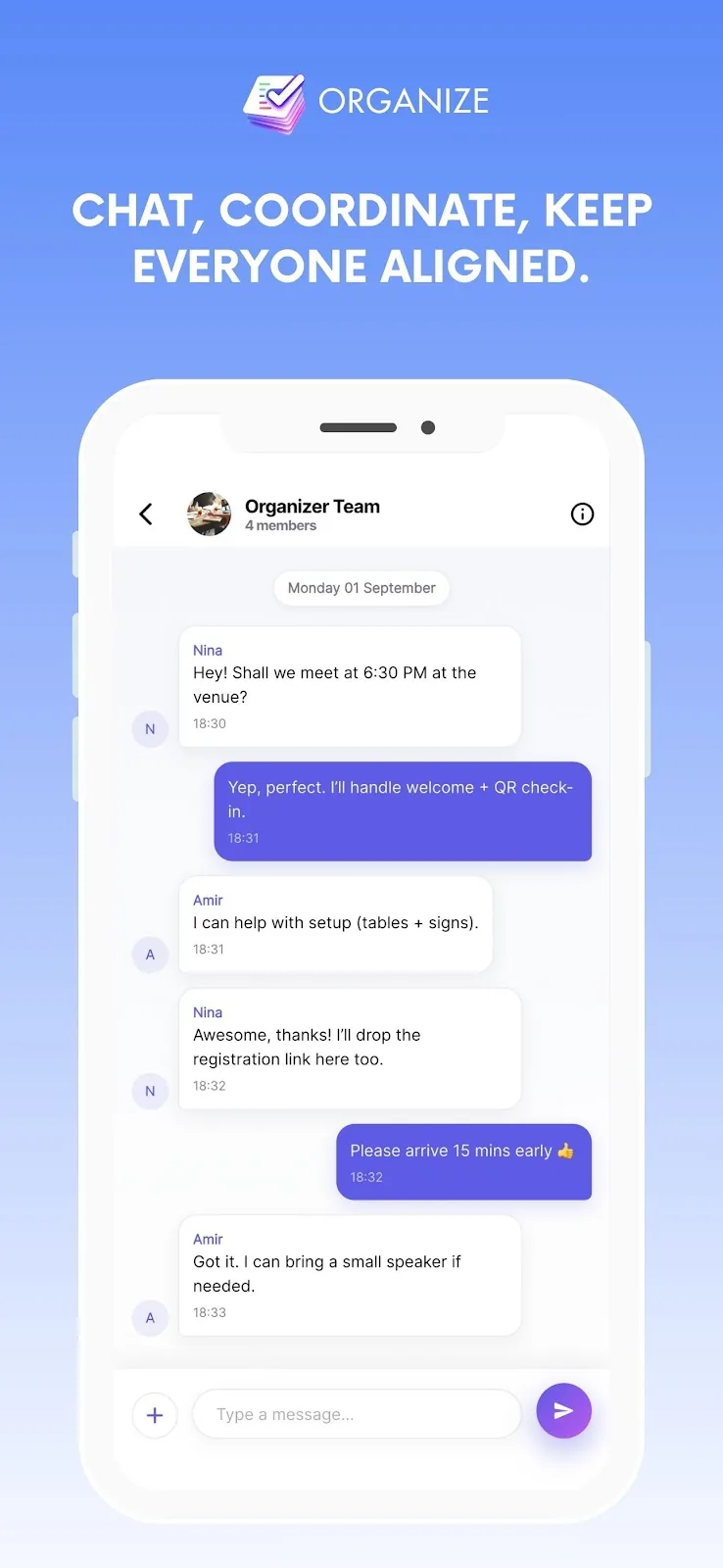 Conversation d’équipe dans Organize Pro