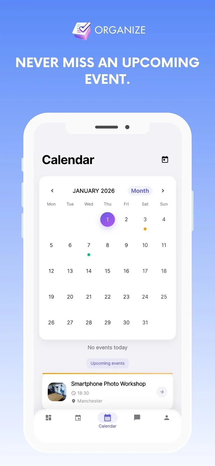 Calendrier des événements dans Organize Pro